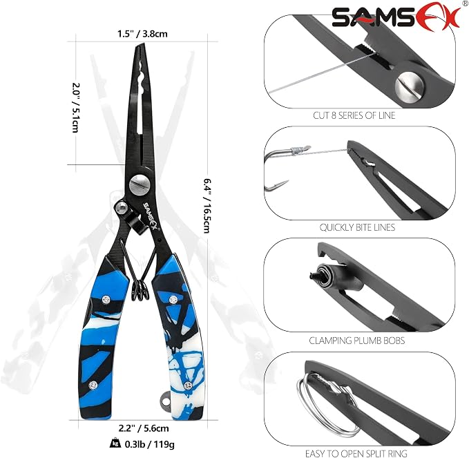 SAMSFX Locking Fishing Pliers Saltwater Resistant Teflon Coated Briad Line Cutters with Wire Coiled Lanyard, Sheath & Quick Knot Tool Combo