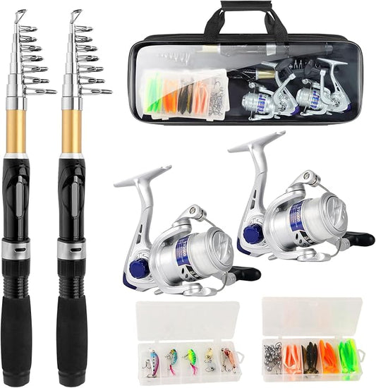 Fishing Pole Set Fishing Rod and Reel Combo,2PCS 1.9M/2.1M Collapsible Fishing Rod Set with 2 PCS Spinning Reels 2 Set of Lures Baits and a Carrier Bag,Prefect for Fishing Travel