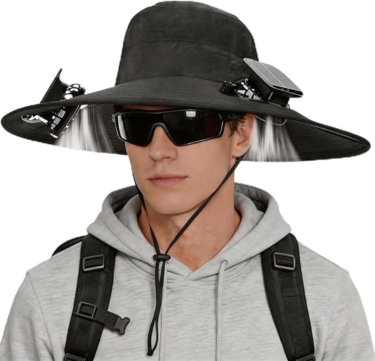 Hat with Fans Solar Power Wide Brim Solar Fan Hat, Sun Hat with 2 Fans Two Power Supply Modes, Outdoor Solar Powered & USB Charging Fishing Hat for Men Women Solar Fan Hats for Men