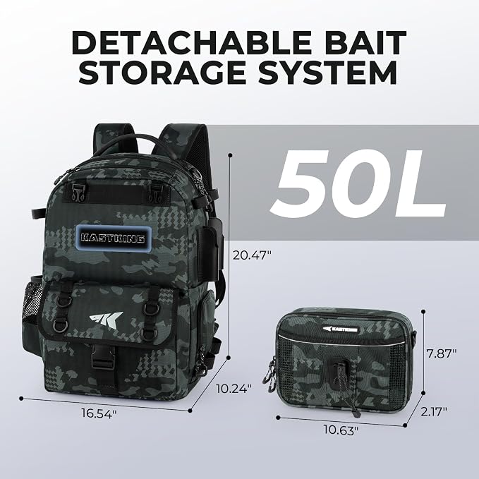 KastKing BaitSpace Fishing Tackle Backpack with Removable Bait Binder,2 Rod Holders Storage Fishing Gear and Equipment