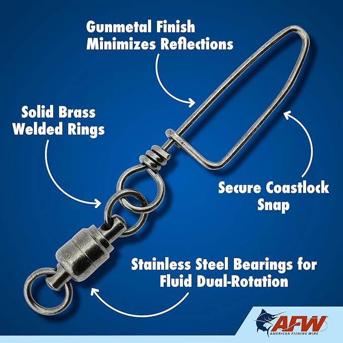 AFW Solid Brass Ball Bearing Snap Swivels with Welded Rings - Black Finish, Up to 450 lb Test Capacity, Patented Bullet Shaped Head for Reduced Water Resistance, Fluid Rotation