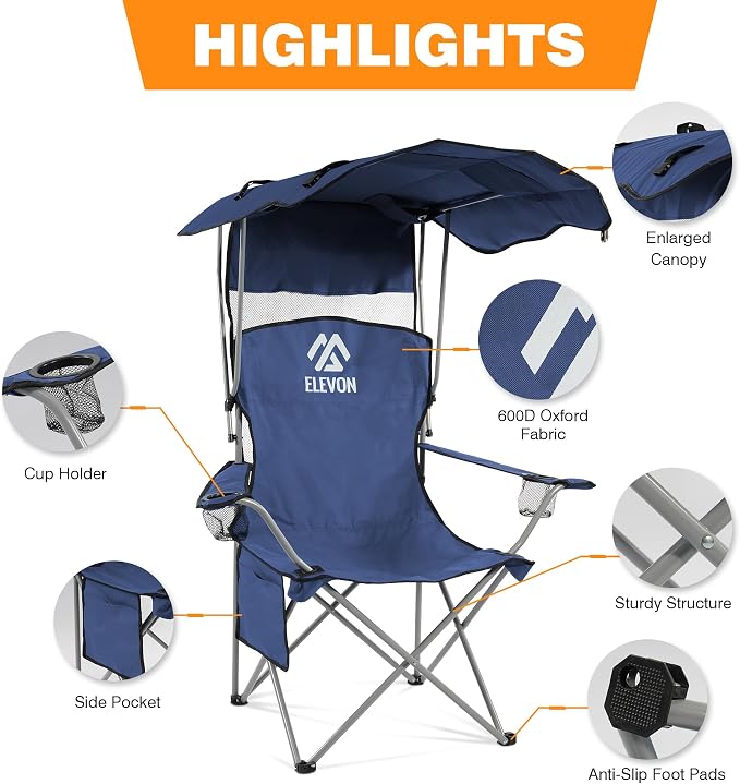 Elevon Camping Chair, Oversized Folding Chair with Canopy, Portable Outdoor Chair with Arms, Cup Holder and Carry Bag for Camping, Fishing, Beach, and Sports, Navy Blue