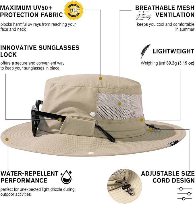 TOP-EX Men's Wide Brim Sun Hat UPF 50+ Waterproof, Packable Breathable Mesh Boonie Bucket Cap for Hiking Fishing Safari