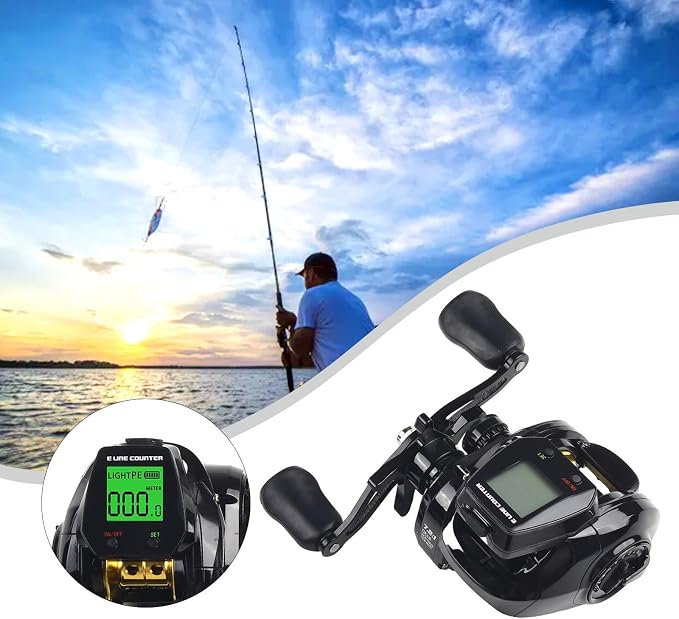 Digital Baitcasting Fishing Reel with Bite Alarm and Line Counter, 7.2:1 High Speed Gear Ratio, USB Rechargeable, 0-12 Adjustable Braking System
