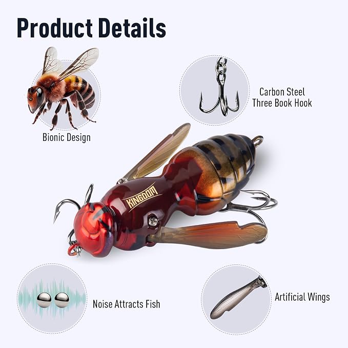 Kingdom Wasp Craw Bait Insect Bionic Floating Fishing Lures Swimbaits Hard Artificial Baits Lure for Freshwater and Saltwater Bass Carp Pike Walleye Fishing ABS Material Carbon Steel Three Book Hook