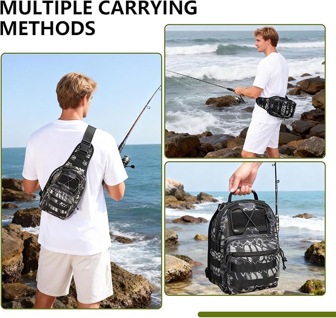 Fishing Backpack Small Fishing Tackle Storage Bag with 3 Methods of Carrying Large Capacity Sling Backpack for Outdoor Hiking Travel Hunting (Pythonskin Black)