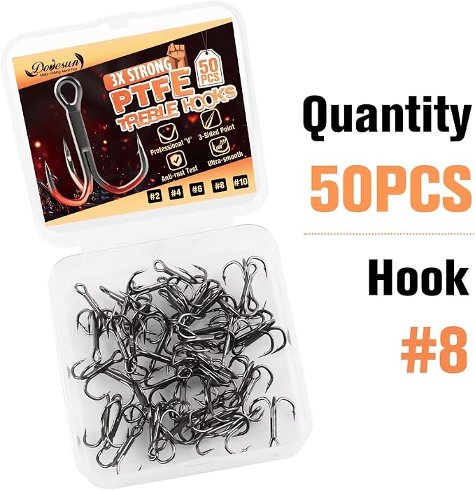 Dovesun Fishing Treble Hooks, Triple Hooks 3X Strong Professional V, 50PCS High Carbon Steel Replacement Fishing Hooks for Saltwater and Freshwater, Sizes #10#8#6#4#2