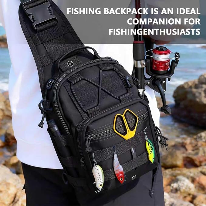 Fishing Backpack Small Fishing Tackle Storage Bag with 3 Methods of Carrying Large Capacity Sling Backpack for Outdoor Hiking Travel Hunting (Black)