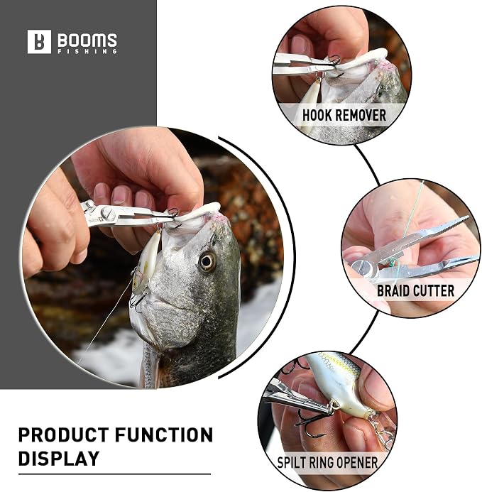 Booms Fishing H01 Small Fishing Pliers Scissors Braid Cutters Stainless Steel Fishing Tools Split Ring Pliers Hook Remover