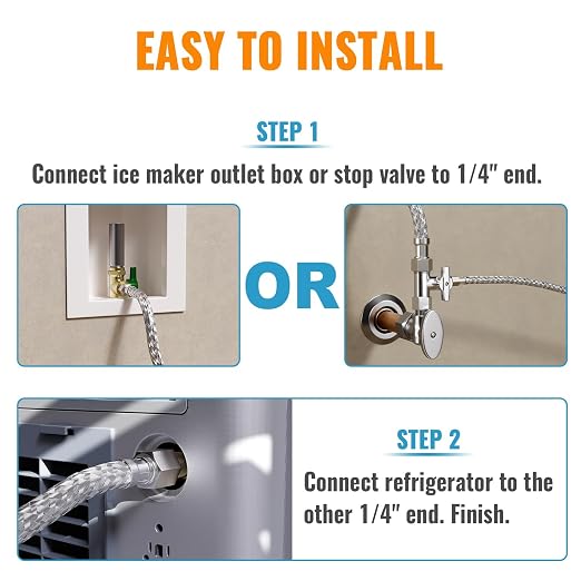 SUNGATOR 2 Feet Refrigerator Water Line, 1/4" Comp X 1/4" Comp Ice Maker Hose, 2 Feet Stainless Steel Braided Ice Maker Water Supply Line with A Wrench and Sealing Tape (1 Pack)
