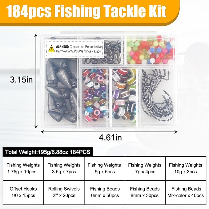 Texas and Carolina Rigs for Bass Fishing Worm Weights Bullet Sinkers Hooks Beads Rolling Barrel Swivels Fishing Accessories Tackle Kit 184pcs