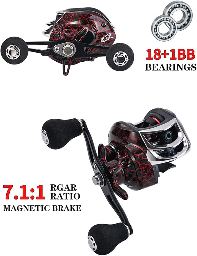 Baitcasting Reels, 7.1:1 Gear Ratio Ultra Smooth Aluminum Spinning Fishing Reel with 10 Magnetic Braking System, 22LB Carbon Fiber Drag, 18+1 Ball Bearings Anti-Corrosion Baitcaster Reel