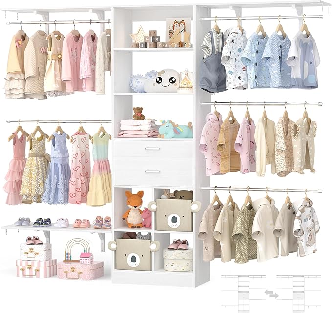 Closet System - 5-8FT Closet Organizer System with Wooden Drawers & Cube Storage Organizer, Up To 96" Closet Systems for Nursery & Walk-In Closets with Cuttable Hanging Shelving, White