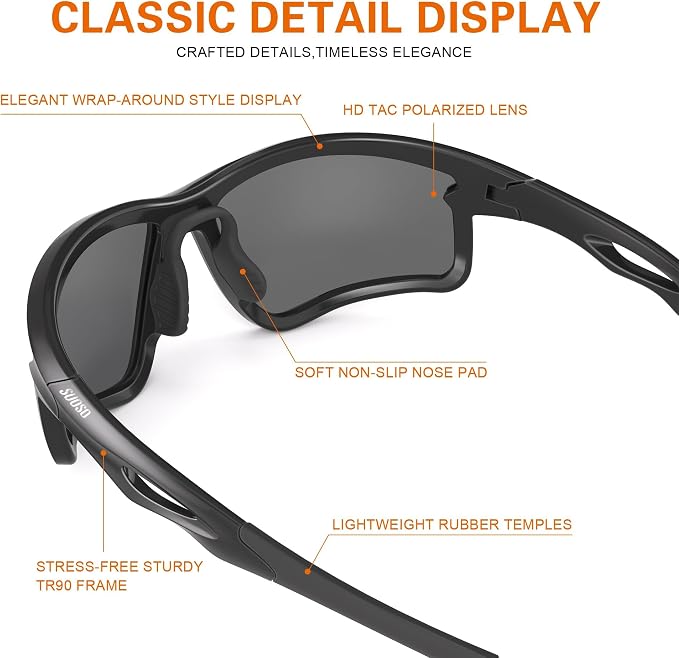suoso Sports Polarized Sunglasses for Men: TR90 UV400 Protection Sun Glasses Squash Goggles Wrap Around Goggles for Drving