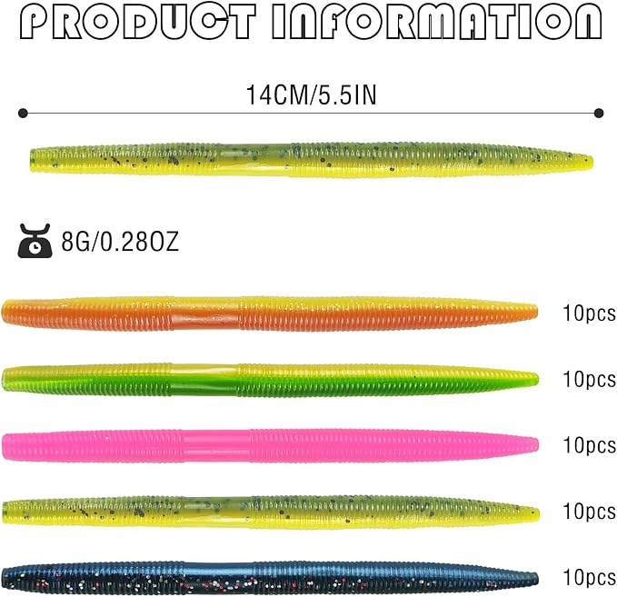 50Pcs Finesse Worms Soft Lures Worm Stick Bait Color Mixed Fishing Lure 5.5in/0.28oz