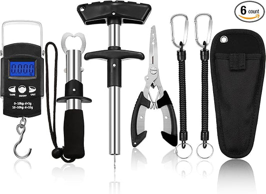 Honoson Fishs Hook Remover Tools Kit Include 1 Pcs Handheld Digital Fish Scale and Fishing Hook Remover Tool and Fish Lip Gripper and Fishing Plier with Sheath and 2 Pcs Fishs Tool Lanyards