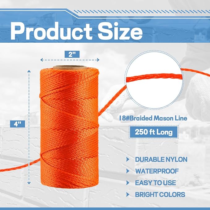Amylove 6 Roll Mason String Line #18, 250 ft Nylon Braided Construction String Line, Heavy Duty Outdoor Twine Rope for Gardening or Masonry Tools Construction DIY Project, Fluorescent Orange