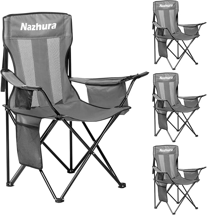 Nazhura 4 Pack Outdoor Camping Chairs Folding/Foldable/Portable with Cooler Pouch, Mesh Backrest and Cup Holder Pocket(Grey) (Grey, 4 Pack)