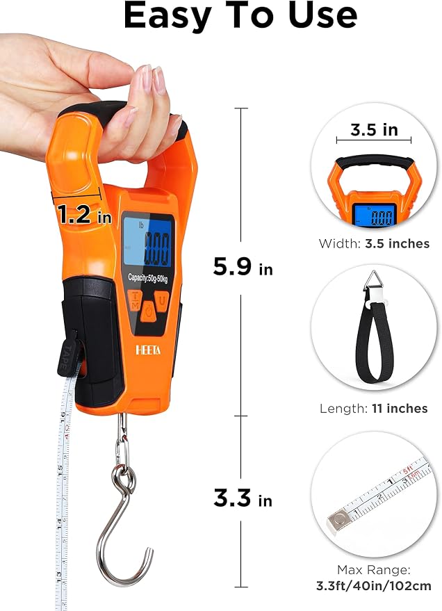 HEETA Waterproof Fish Scale Digital with Backlit LCD Display, 110lb/50kg Portable Hanging Scale Fishing Scale for Home and Outdoor, Measuring Tape and 2 AAA Batteries Included
