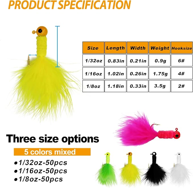 50PCS Crappie Fishing Jigs Hook Kit Feather Hair Jigs for Crappie Fishing baits Lures Panfish Trout 1/8 1/16 1/32 oz