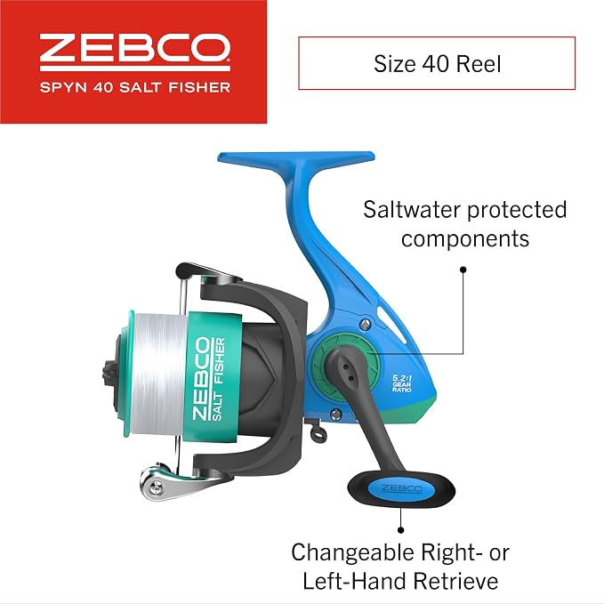 Zebco Spyn 40 Salt Fisher Spinning Reel and Fishing Rod Combo, 6-Foot 6-Inch 2-Piece Telescopic Rod, Size 40 Reel, 7-Piece Strike King Tackle Kit