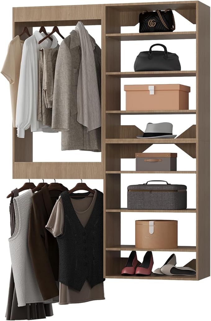ROOMTEC Modular Closet System, 52" Wall-Mounted Closet Organizer with Hanging Rods and Shelves, Wooden Tower for Walk-In Closets, Wardrobe Storage Kit, Wood