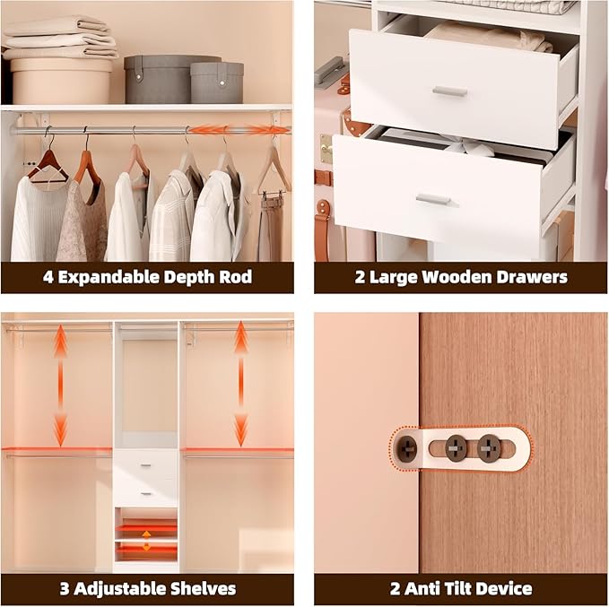 Closet System Set of 2, Closet Organizer System With 4 Wood Drawers, Walk-In Closet Storage System With 10 Hanging Rods, Adjustable Cloth Garment Rack, Fits Spaces 6Ft-14Ft, White