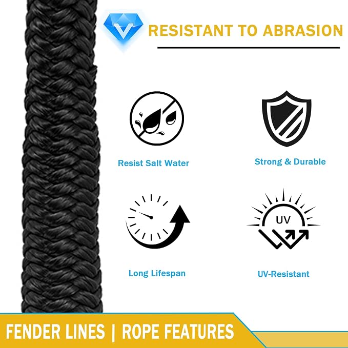 2 Pack 3/8'' x 6' Boat Fender Lines for Mooring, Docking Ties & Small Boat,Premium Marine- Grade Double Braided Nylon Boat Rope with a 5" Eyelet,Anti-Wear & Weather-Resistant-Black