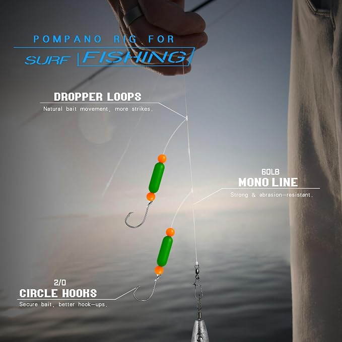 Pompano Rig Saltwater Surf Fishing Rigs – Double Drop Leader Rigs with Hooks, Floats, Beads & Snap – Easy Pre-Tied Terminal Tackle for Pompano, Whiting, Redfish