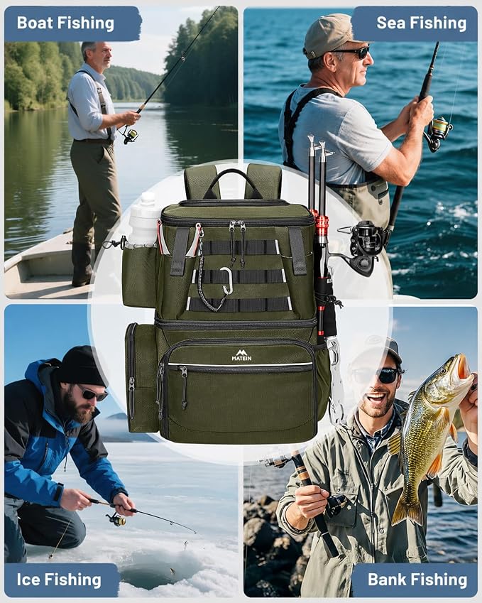MATEIN Fishing Backpack with 4 Tackle Boxes, Fishing Bag with Rod Holder & Safety Compass & Cooler, Gifts for Fishermen