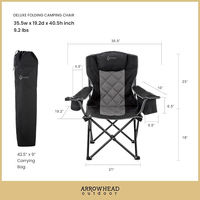ARROWHEAD OUTDOOR Portable Deluxe Folding Camp Quad Chair w/Headrest, Glass & Cup Holders, Armest 6-can Cooler, Heavy Duty Carry Bag, 550 lbs Weight Capacity