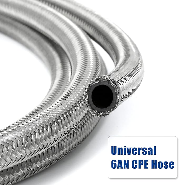 Fuel Line Hose 10FT 6AN 3/8" Universal Silver Stainless Steel Braided Nylon CPE Oil Gas Fuel Hoses 10 Feet AN-6 3/8 inches