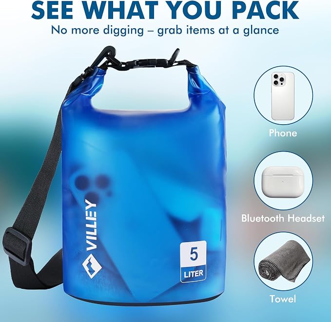 VILLEY Dry Bag Waterproof 5L Roll Top Storage Backpack, Keeps Gear Dry Lightweight Backpack for Kayaking Boating Camping Swimming and Beach Accessories Blue Transparent