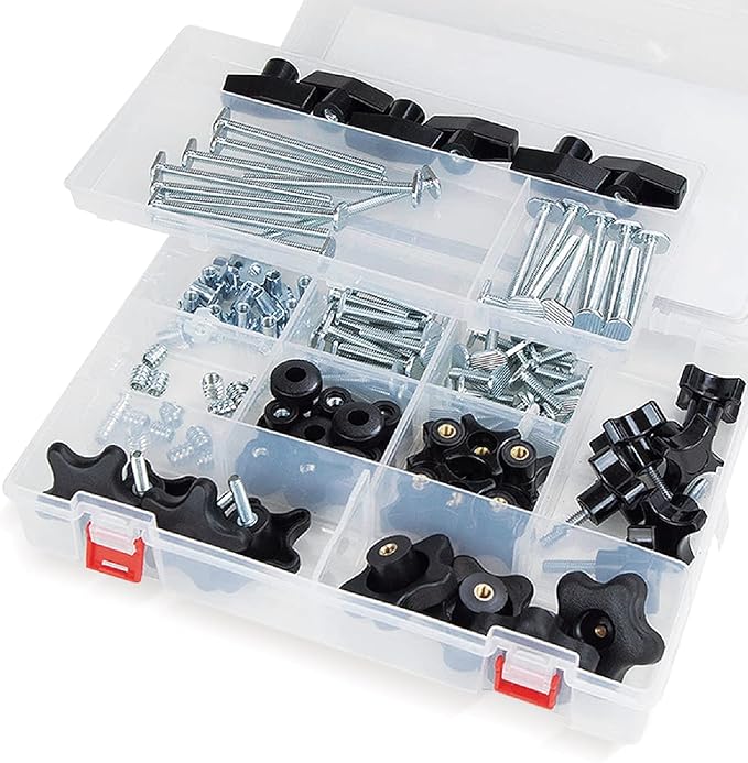 POWERTEC 71128 128 Piece Set T-Track Knob Kit, 5/16"-18 Threaded Bolts and Washers, T Track Bolts, T Track Accessories for Woodworking Jigs and Fixtures