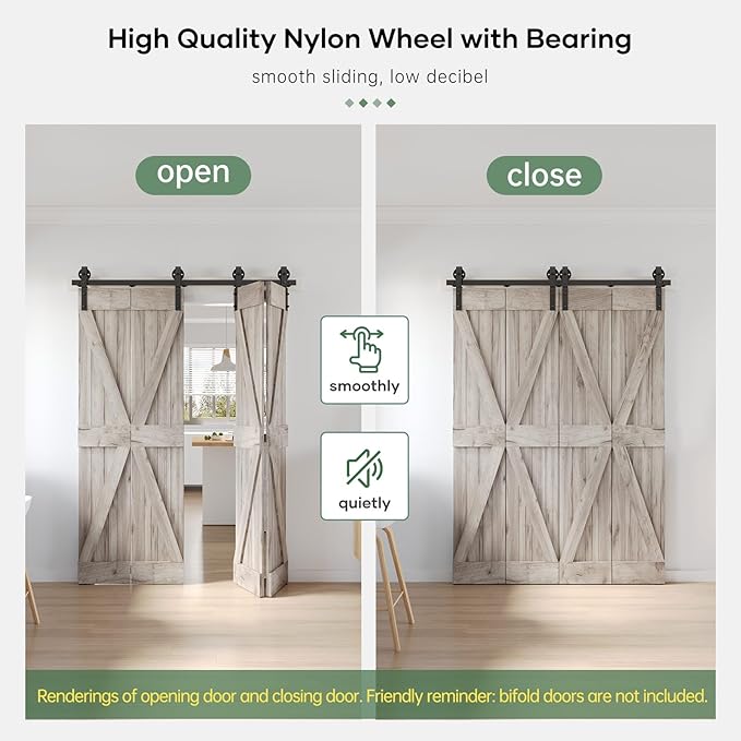 64" Bifold Sliding Barn Door Hardware Track Kit,Side Mounted Black Spoke Wheel Roller,Smoothly and Quietly,Assembly Easy,Fit Four 15" Bi-Folding Doors (Door Not Included)