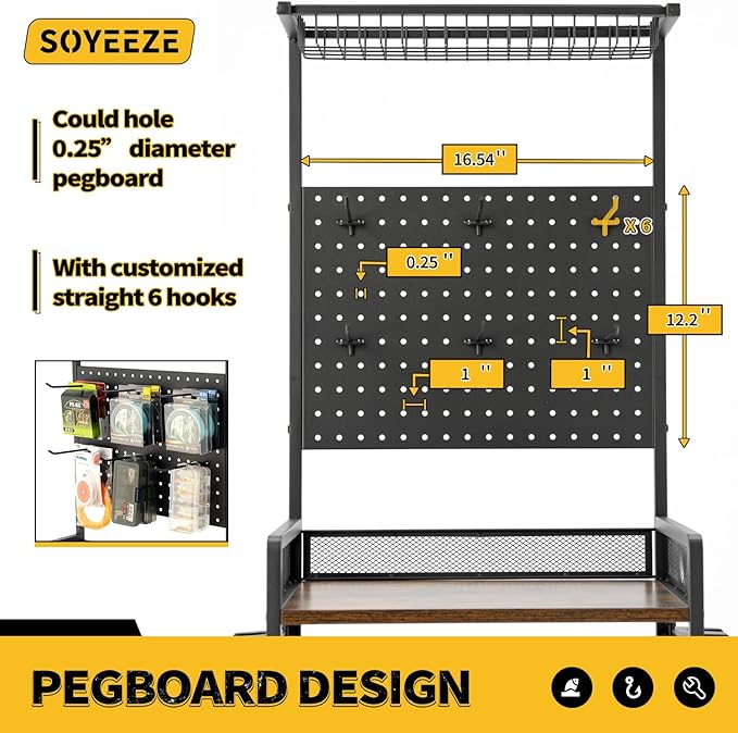 SOYEEZE Fishing Rod Holders for Garage, Fishing Rod Rack Hold Up to 12 Rods, 3 Tier Shelf, Pegboard and Wooden Countertops Designied for Fishing Pole Tackle Box Reel Line Storage, Fishing Gift