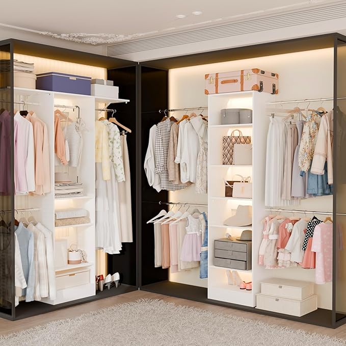 Closet System Set of 2, Closet Organizer System With Adjustable Shelves, Walk-In Closet Storage System With 10 Hanging Rods, Adjustable Cloth Garment Rack, Fits Spaces 6Ft-16Ft, White