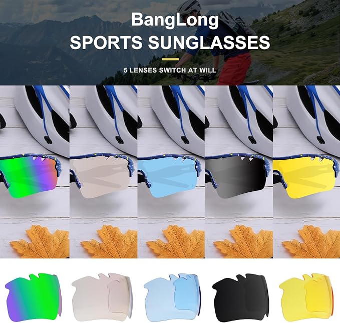 BangLong Polarized Cycling Sunglasses for Men Women, 26g Sports Sunglasses with 5 Lenses for Running Fishing Baseball Driving