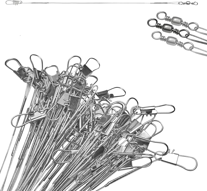 Benykyo Fishing Leader 40 lb High Strength Fishing Leaders with Swivels and Snaps，Steel Fishing Leaders Freshwater & Saltwater，Silver 60Pcs