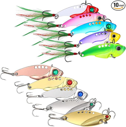 Sumind 10 Pcs Blade Baits Fishing Lures Hard Metal Blade Baits for Walleye Bass Fishing Spinner Spoons Trout Lures for Crappie Saltwater Freshwater, with Storage Box, Assorted Styles