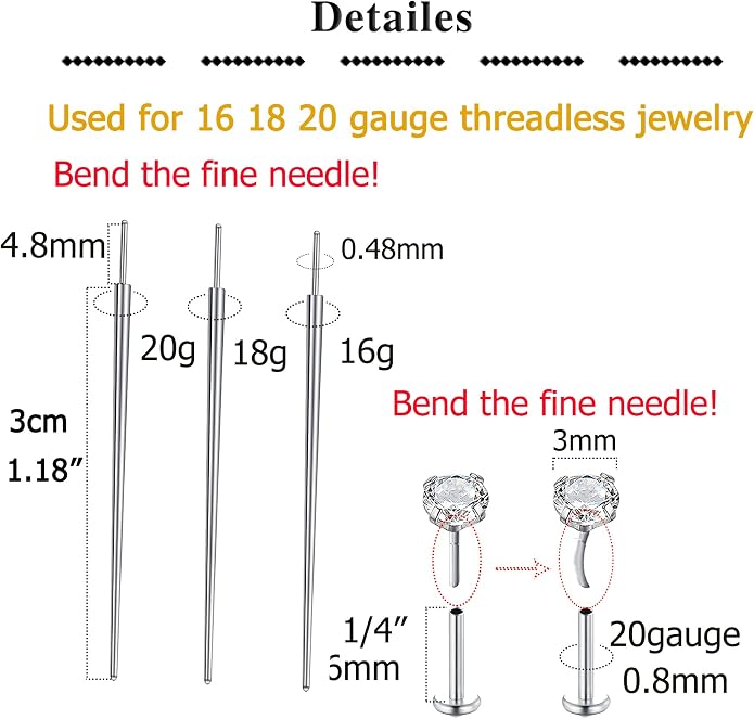 QWALIT Piercing Taper Threadless Insertion Tool - Titanium Labret Pin 16g, 18g, 20g