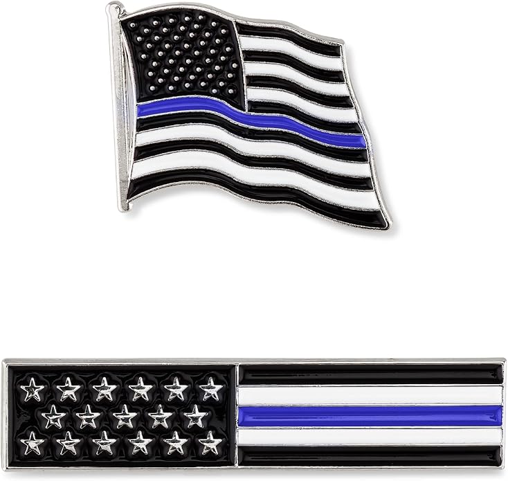 Thin Blue Line American Flag USA Lapel Pin Set - Waving Flag + Rectangle Bar - Silver Colored Metal Plated - Luxury Clothing Accessories