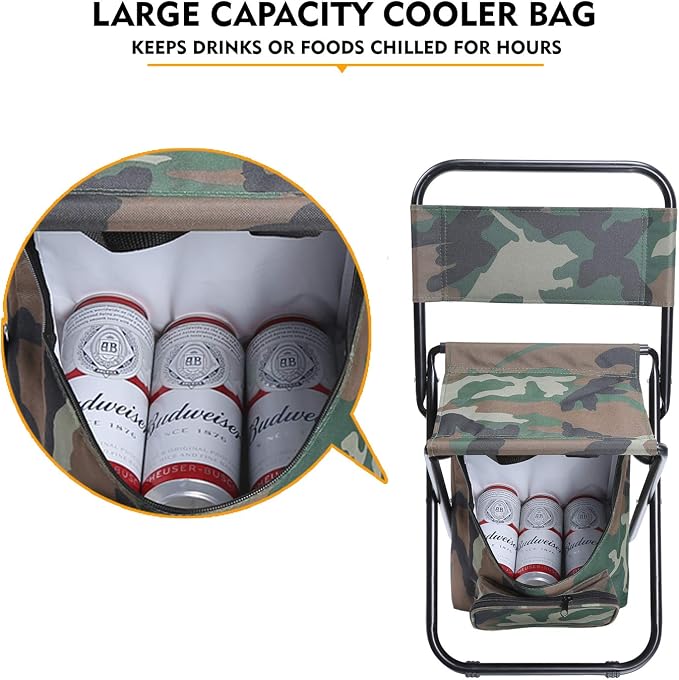 LEADALLWAY Fishing Chair with Cooler Bag Compact Fishing Stool Foldable Small Hunting Chair 12.2" Seat Depth,12.6" Seat Width