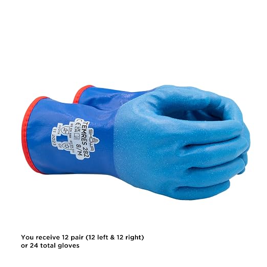 SHOWA TEMRES 282 Waterproof Insulated Winter Work Gloves, Breathable Polyurethane Coating, Thermal Fleece Liner, High-Grip for Hiking, Cold Storage, Ice Fishing, Outdoor Work, Blue, X-Large, 12 pair