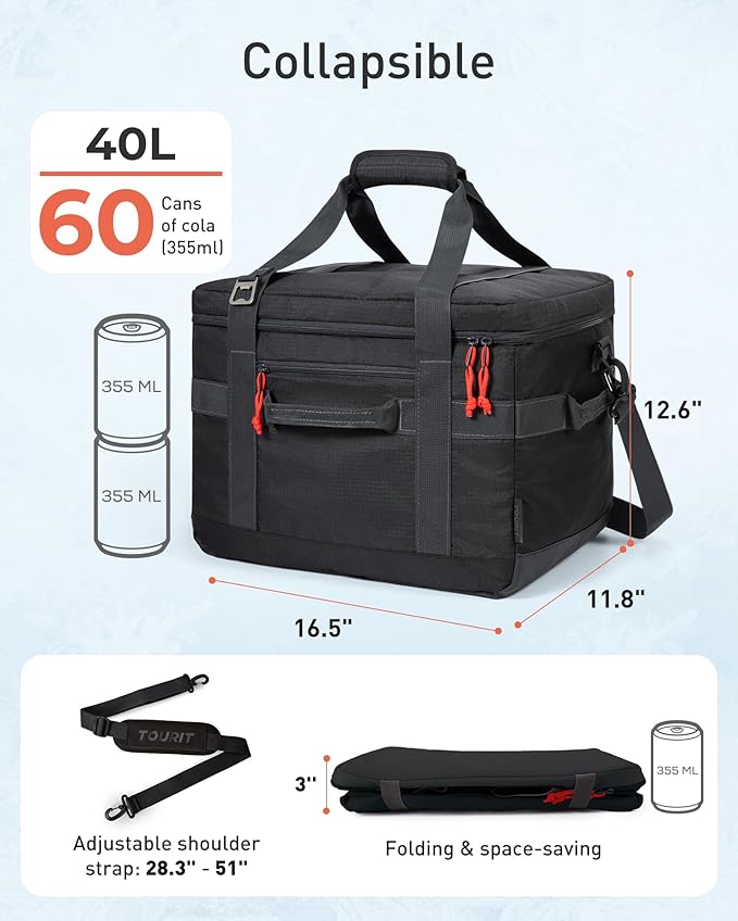 TOURIT Soft Sided Cooler Bag Insulated 30/48/60 Cans, Large Collapsible & Leakproof Ice Chest for Picnic, Beach, Camping, Travel, Sports Fan Coolers