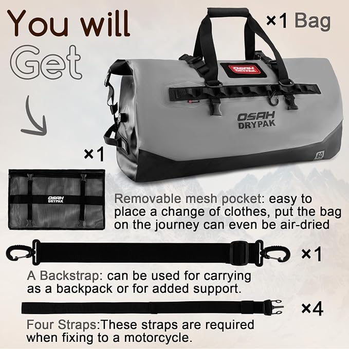 OSAH DRYPAK Waterproof Duffel Bag 25L/40L/60L – Heavy-Duty Motorcycle Tail Bag, Roll-Top Dry Bag for Travel, Camping, Boating, Kayaking, Outdoor Adventure
