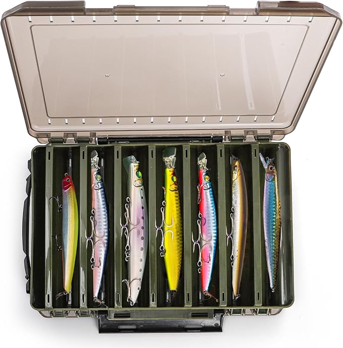 Noamus 3 Pack Double Sided Fishing Lure Boxes, 14 Compartments Fishing Tackle Organizer with 2 Buckle, Plastic Clear Storage Case, Visible Hard Bait Container for Jewelry Beads Earring Hook(3 Color)