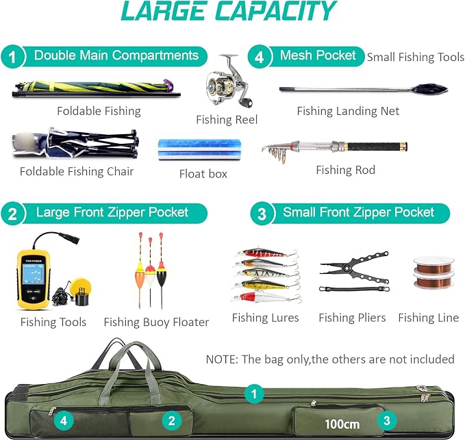 Fishing Rod Case with Fishing Tackle Box Portable Folding Rod Case Pole Reel Storage Bag Gears Organizer (100CM)