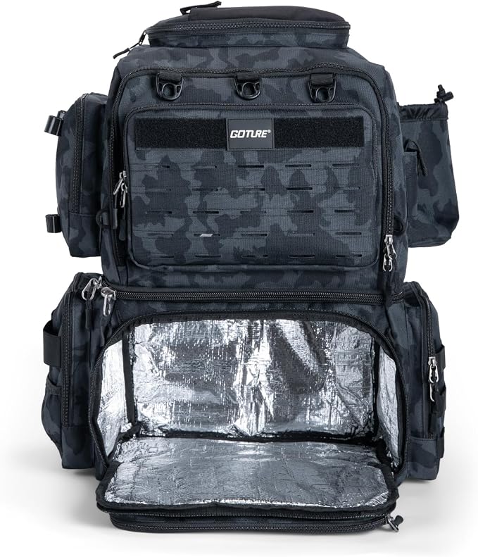 Goture Fishing Backpack, 53L 600D Water-Resistant Insulated Tackle Backpack with Cooler, Rod Holders, 8 Lure Pockets, Rain Cover, Gear Storage Large Fishing Bag for Camping Hiking(Without Tackle Box)