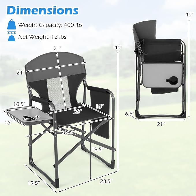 COSTWAY Oversized Folding Camping Chair with Padded Seat, Side Table, Cup Holder & Storage Pocket, Heavy-Duty Portable Director's Chair for Beach, Fishing, Picnic & Sports, Supports 400 lbs (Black,2)